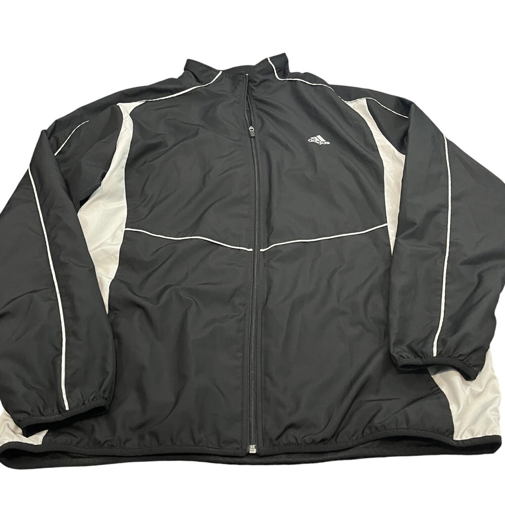 Adidas Track Jacket Mens 2XL Black White Piping Windbreaker Full Zip RN 88387